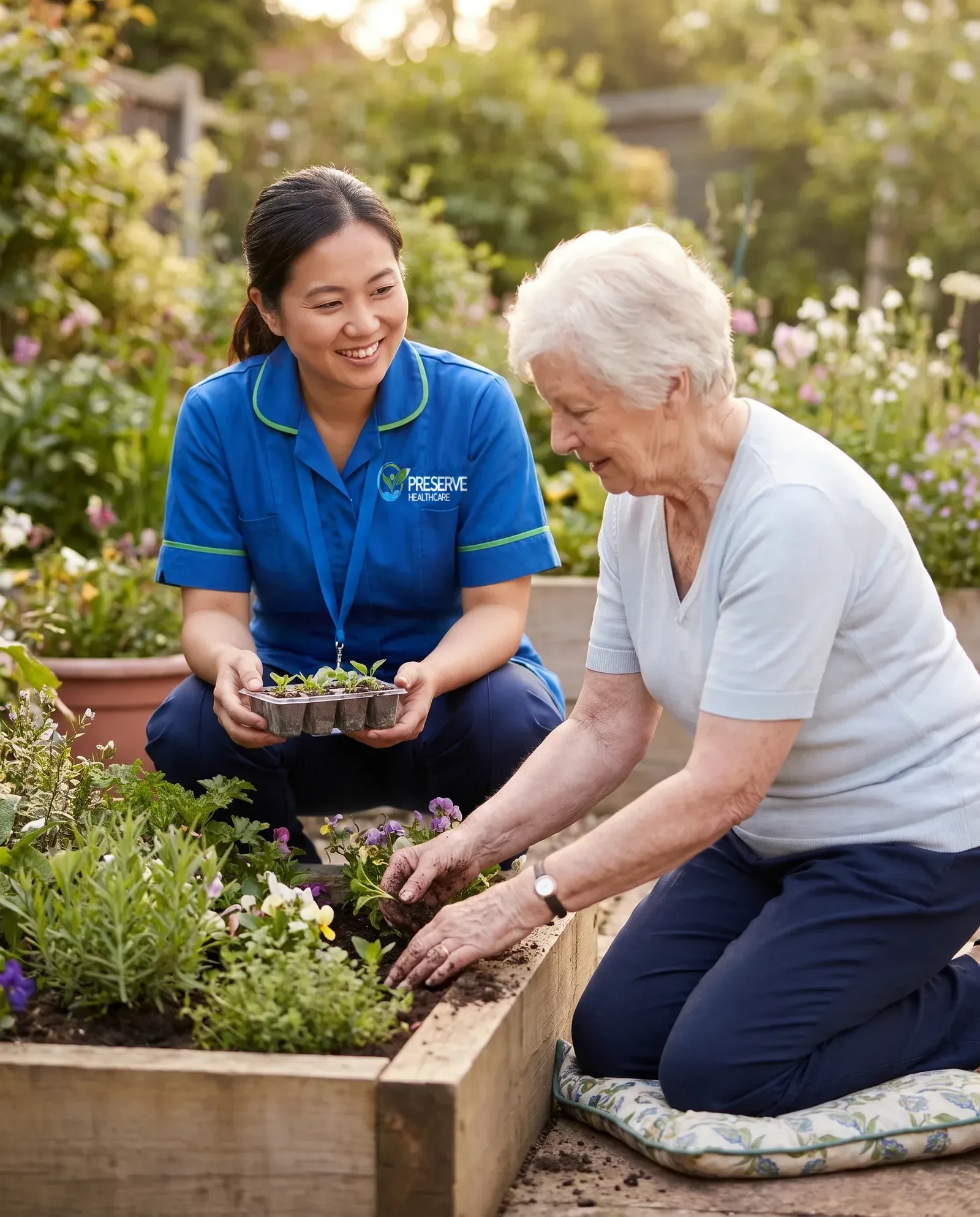 Carer supporting an elderly woman to keep gardening at home, showing care that preserves independence