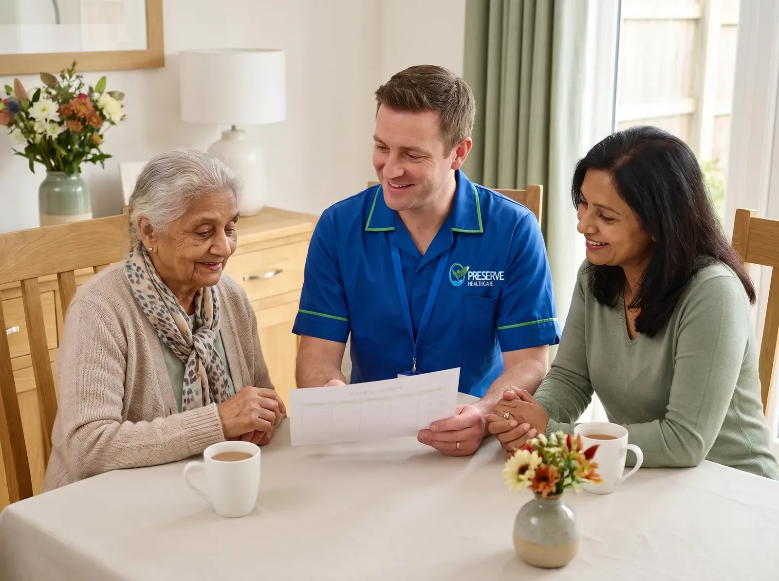 Preserve Healthcare carer planning care together with an elderly woman and her daughter at home in Coventry