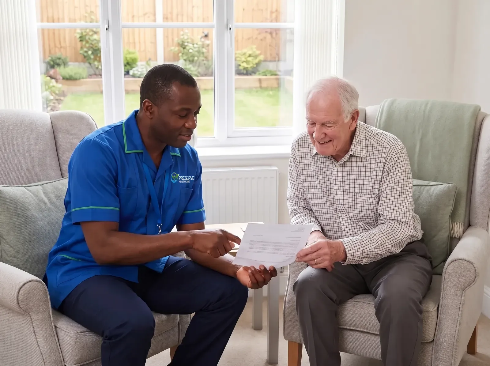 Carer helping an elderly man understand a letter about a council care needs assessment