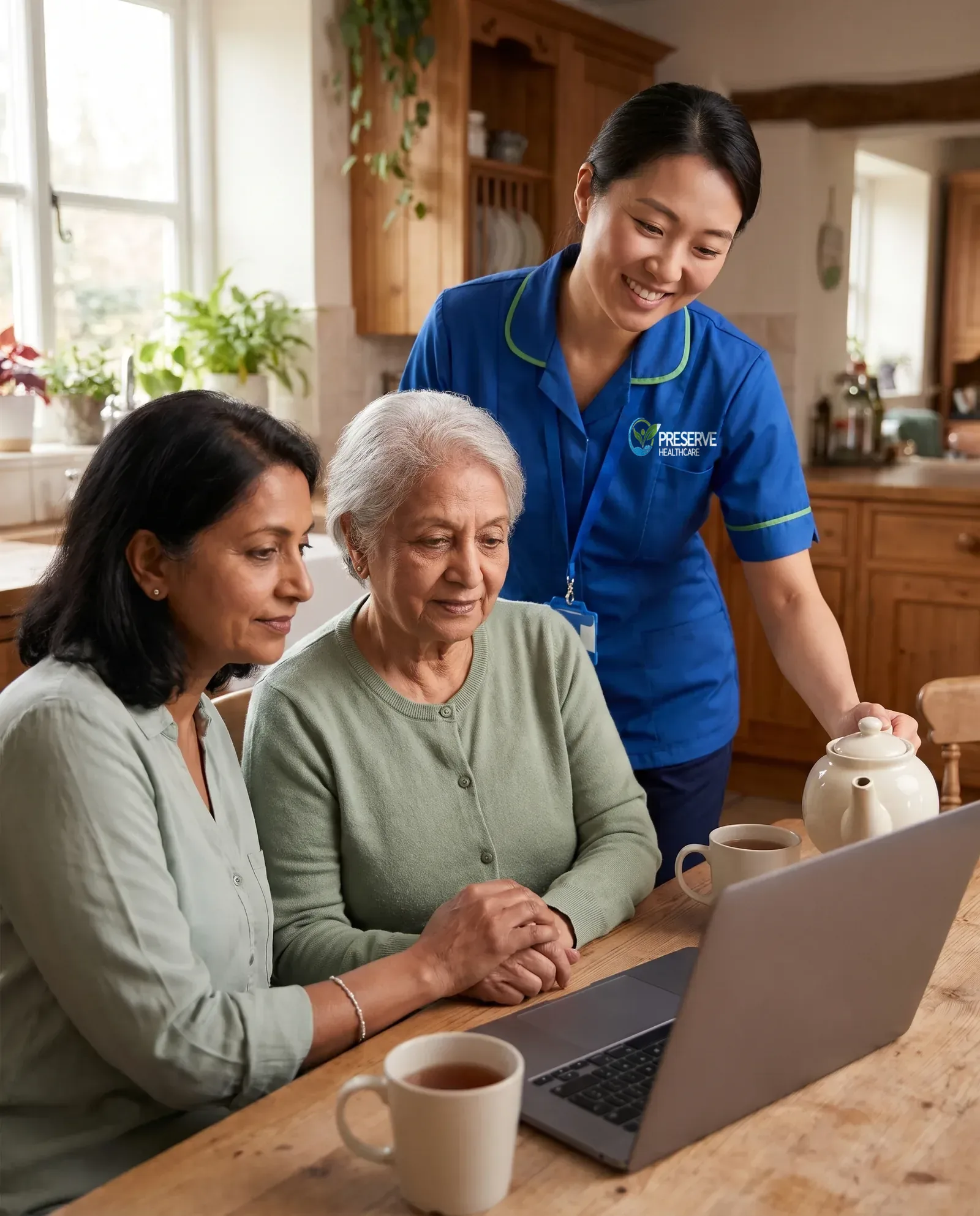 Daughter and her elderly mother reading about ways to pay for home care while a carer brings tea