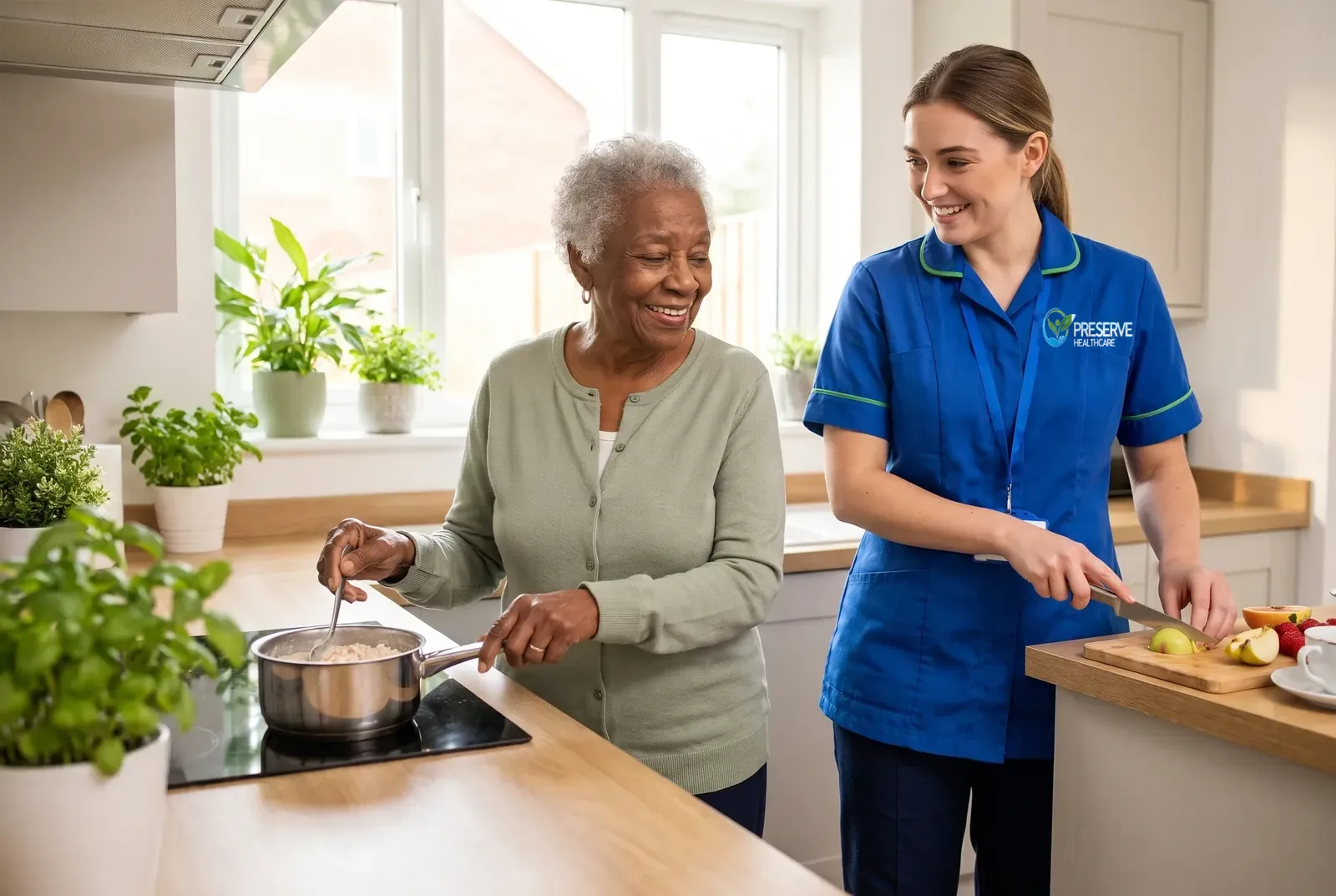 Home care services in Coventry with a Preserve Healthcare carer helping an elderly woman prepare breakfast
