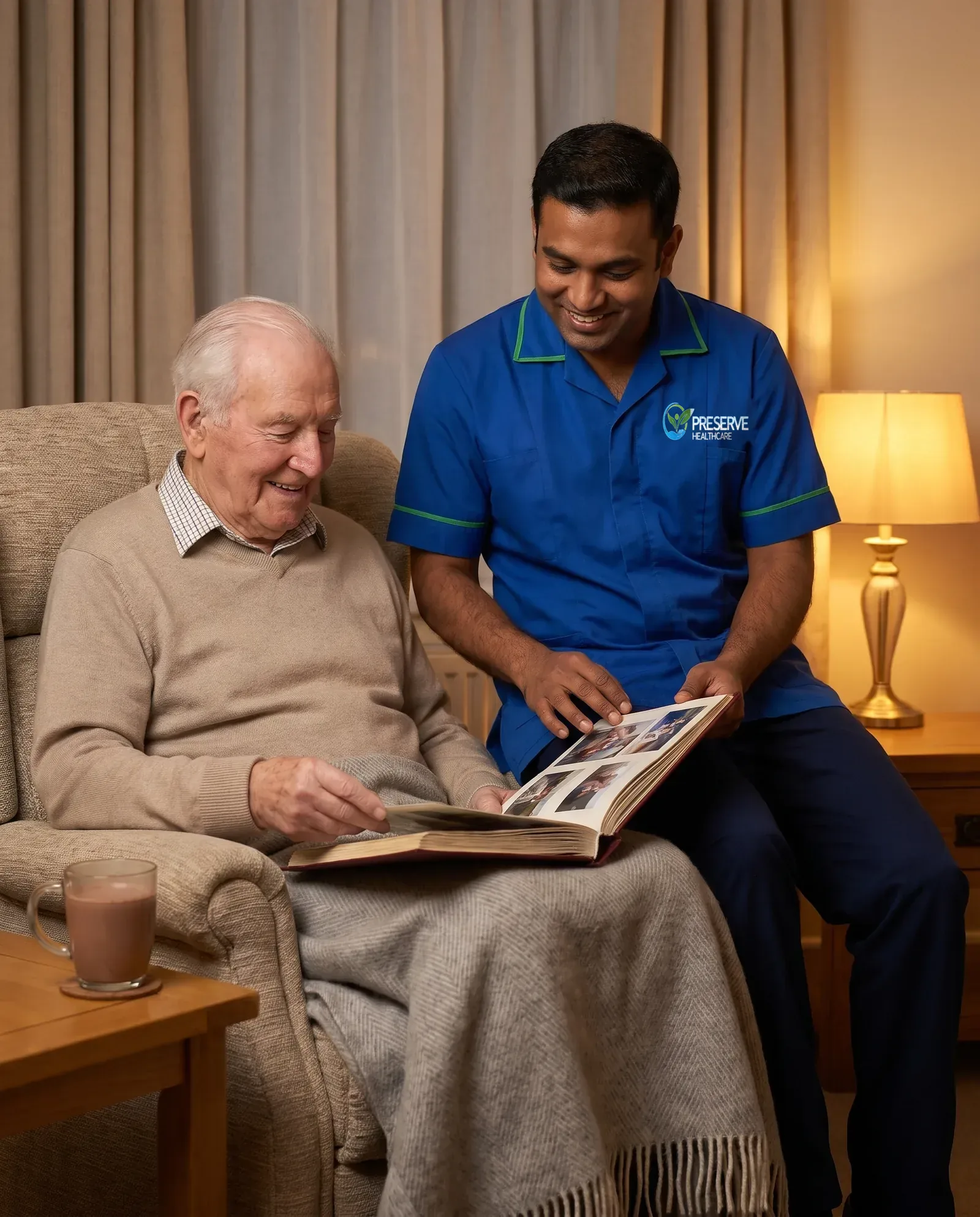 Live-in carer sharing a photo album with an elderly man in the evening as part of round-the-clock home care