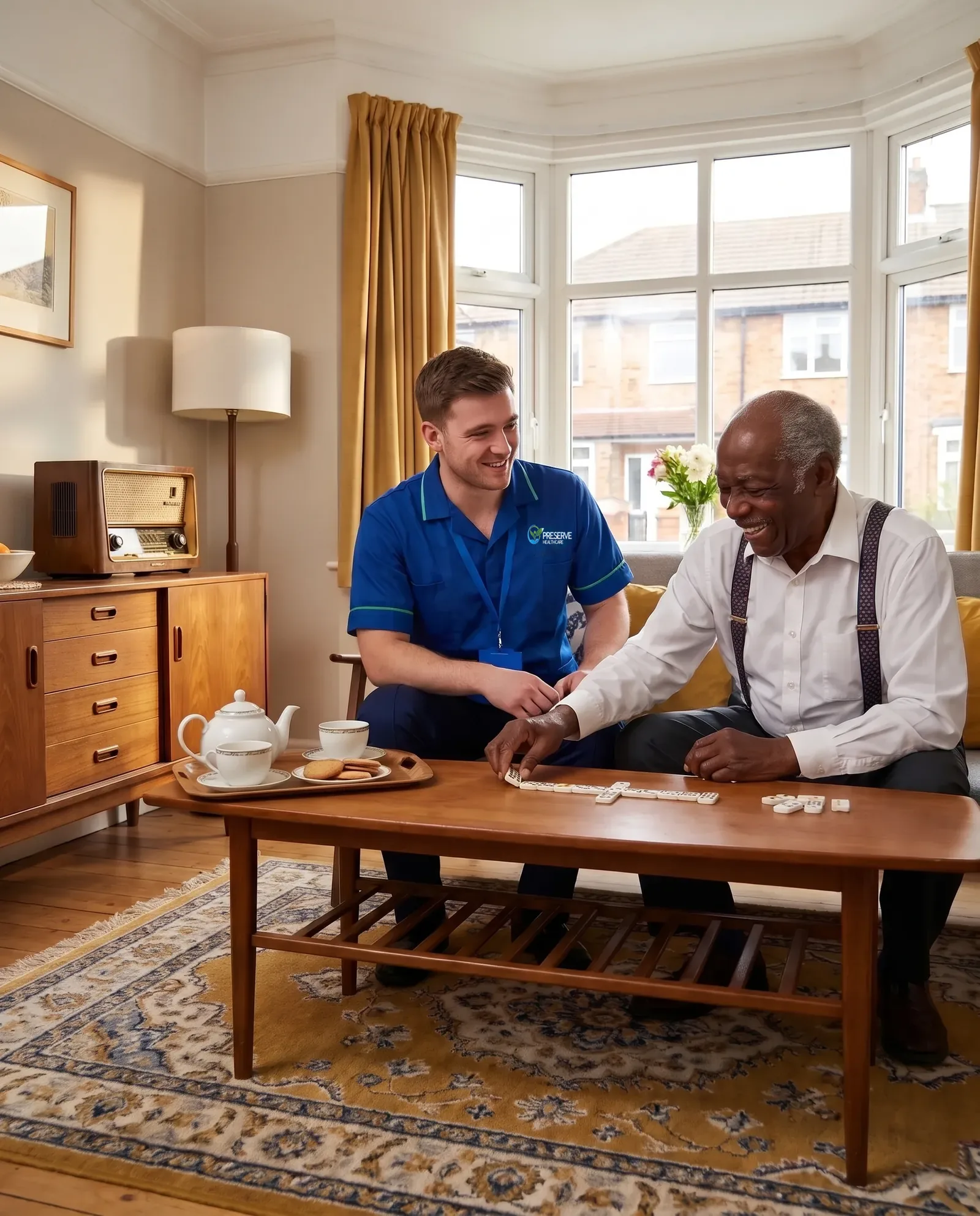 Carer playing dominoes with an elderly man during a sit-in visit at his home in Coventry