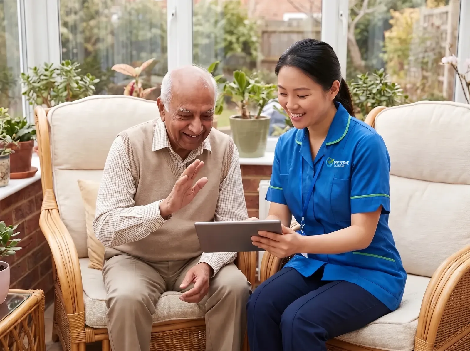 Companion carer helping an elderly man make a video call to his grandchildren on a tablet