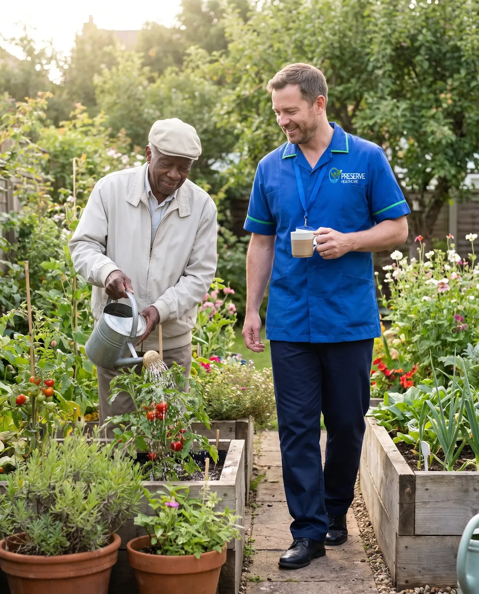 Carer keeping a familiar routine with an older man living with dementia as he waters plants in his garden