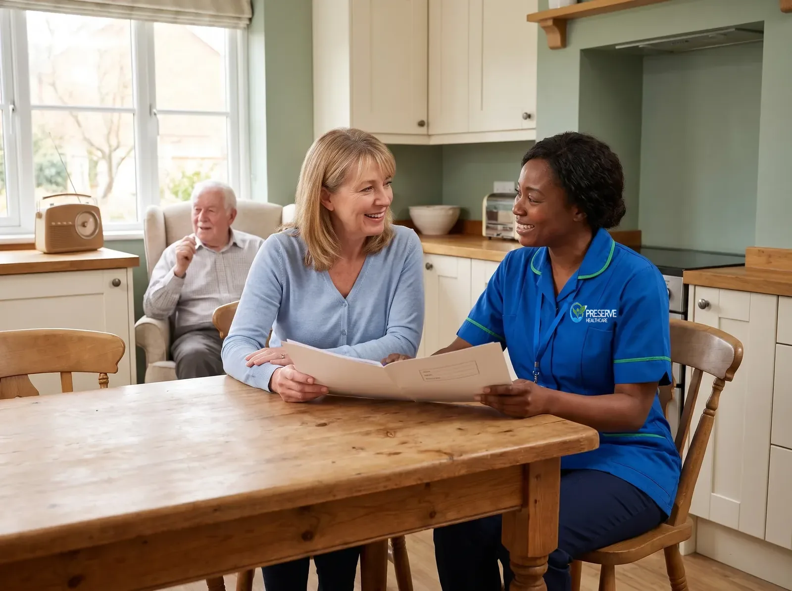 Carer talking through a care plan with a daughter while her father living with dementia relaxes at home