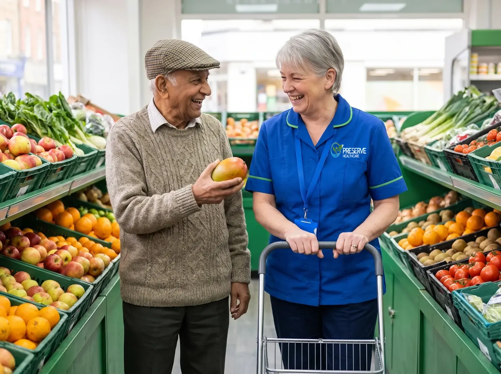 Carer accompanying an elderly man on a shopping trip to choose fresh fruit at a local Coventry shop