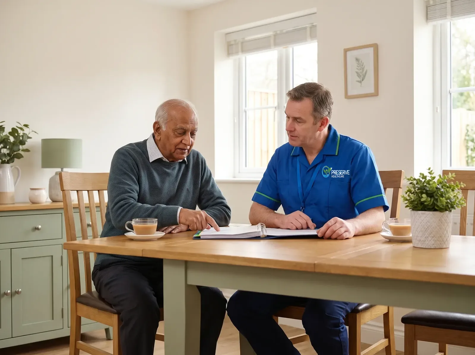 Care coordinator reviewing a home care plan with an elderly man to check the quality of his care