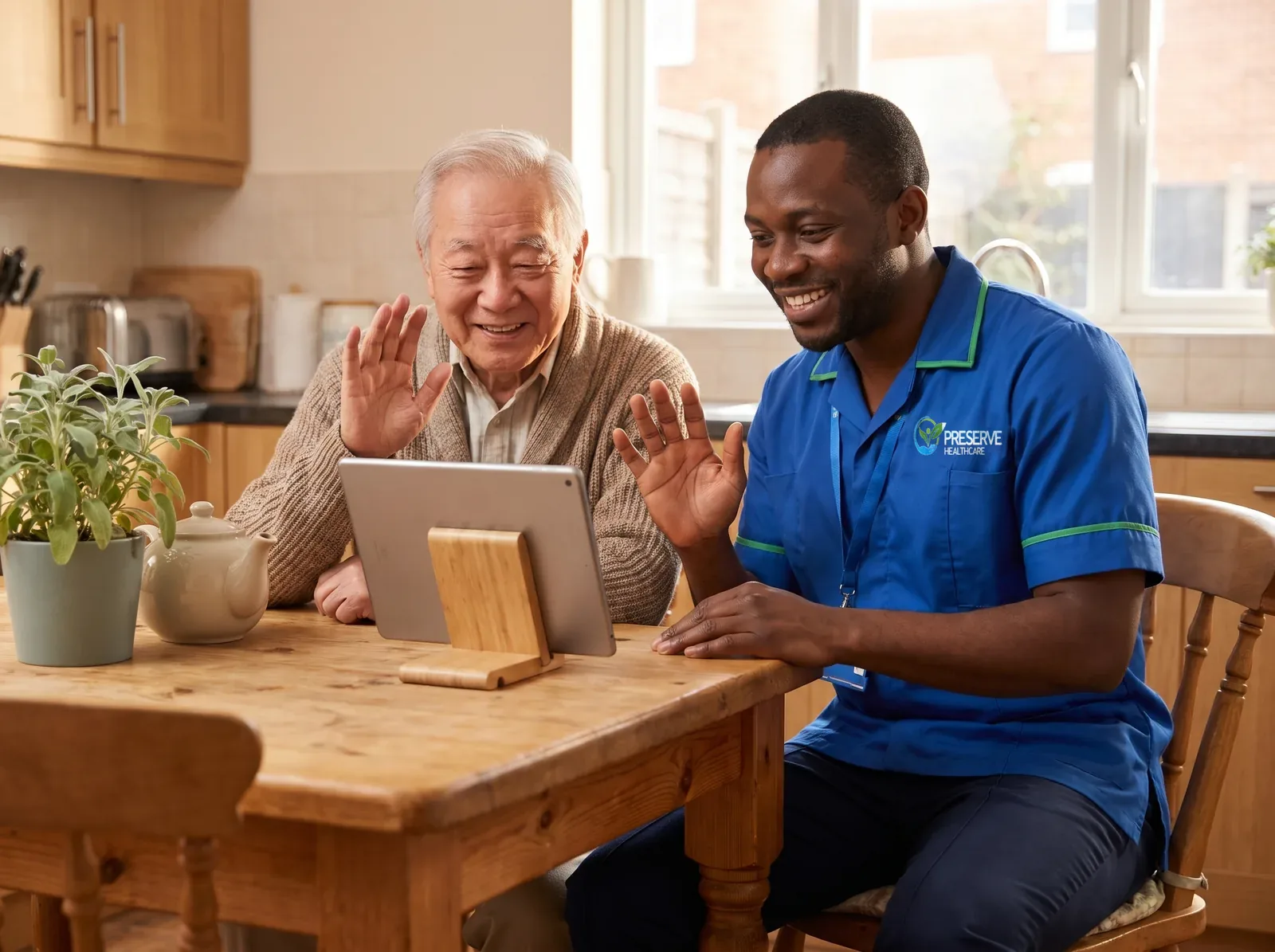 Carer helping an elderly man video call his son who lives away from Coventry