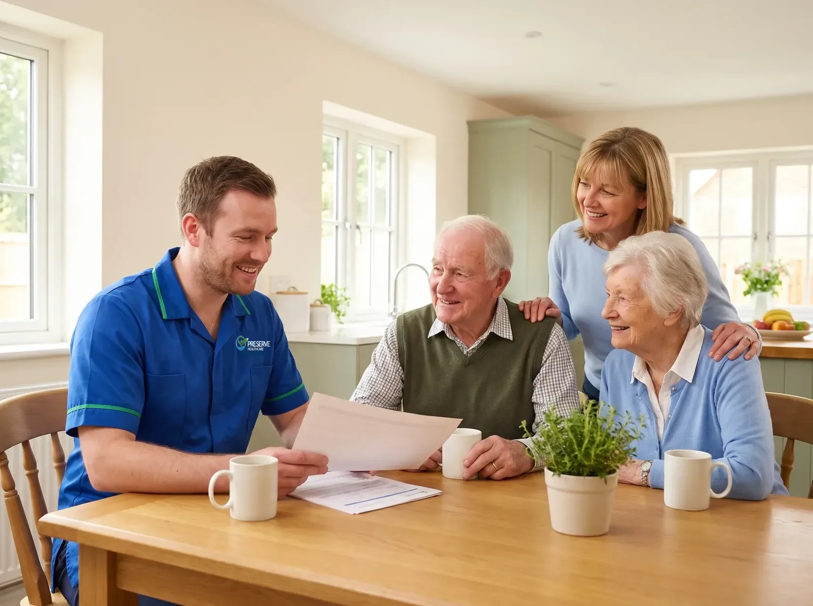 Preserve Healthcare carer reviewing a personalised care plan with an elderly couple and their daughter at home