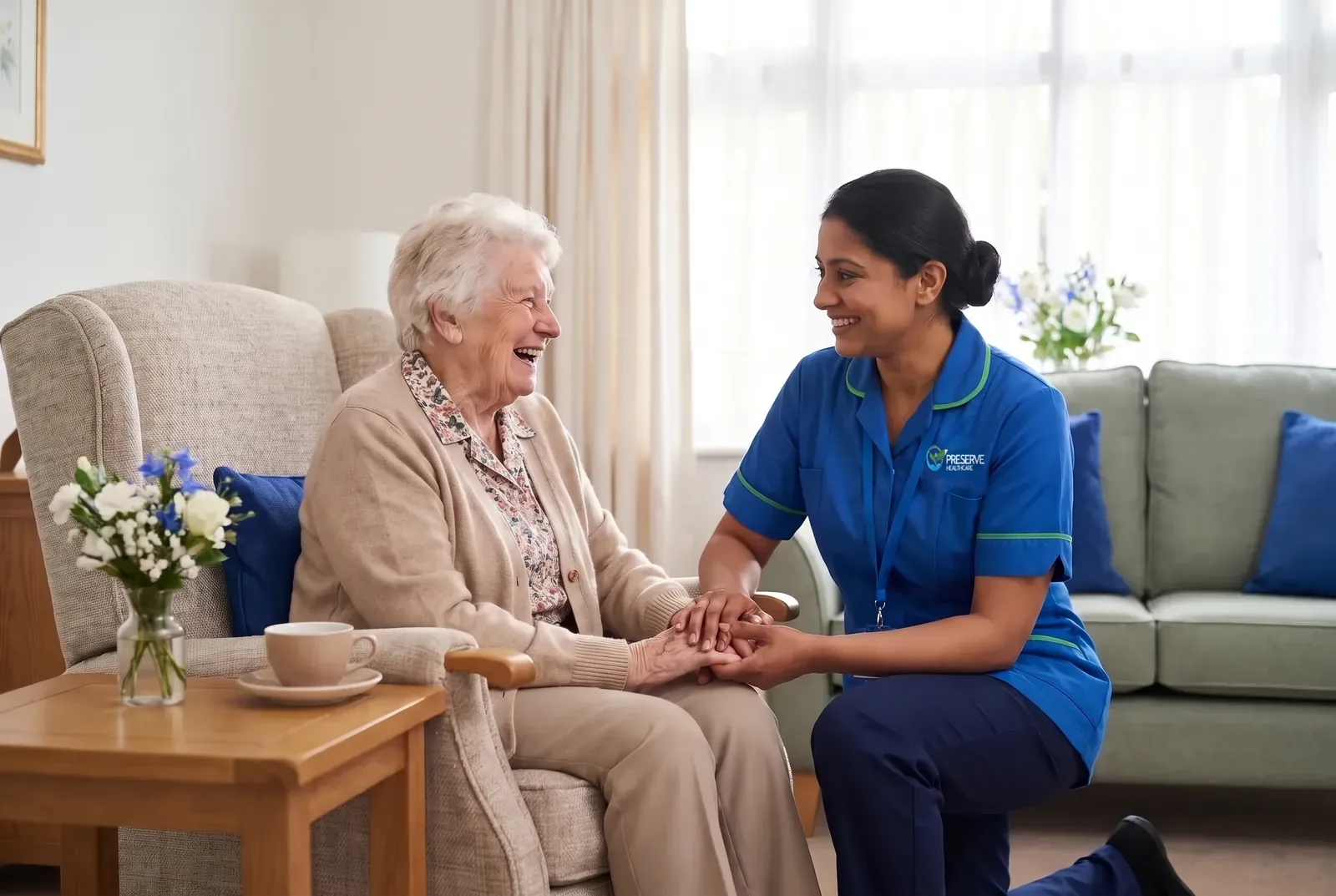 Preserve Healthcare carer holding the hand of an elderly woman during a home care visit in Coventry