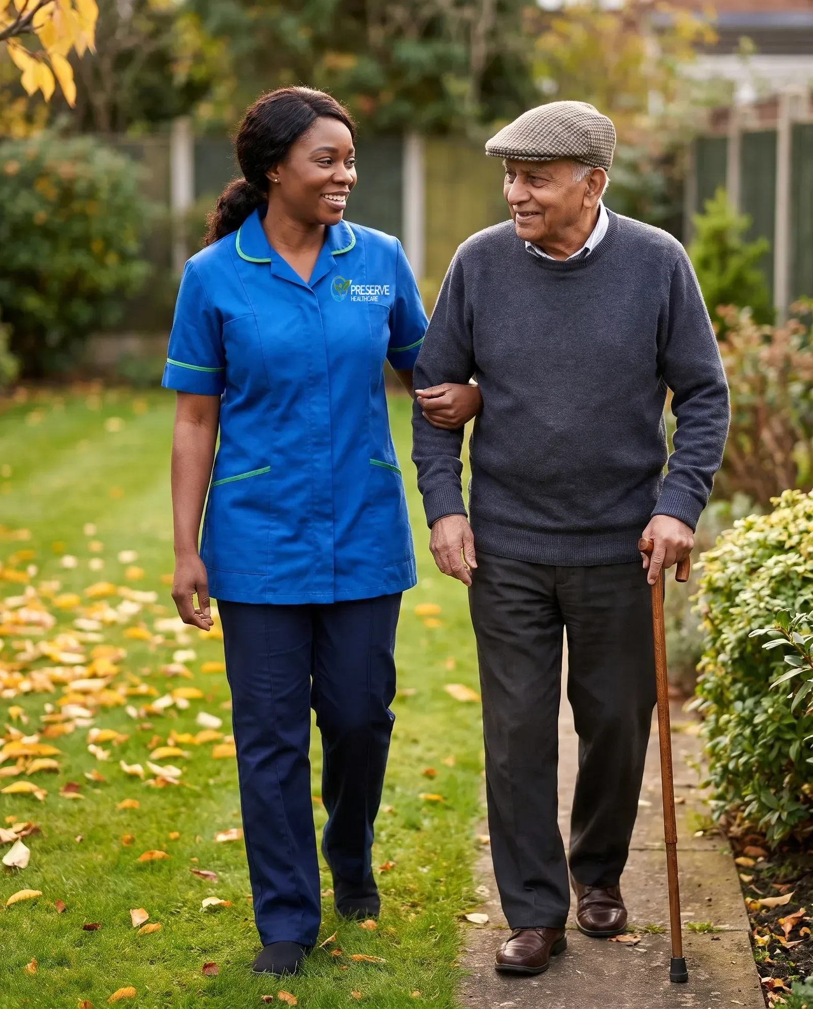 Carer supporting an older man with a walking stick on a garden walk as part of elderly care at home in Coventry
