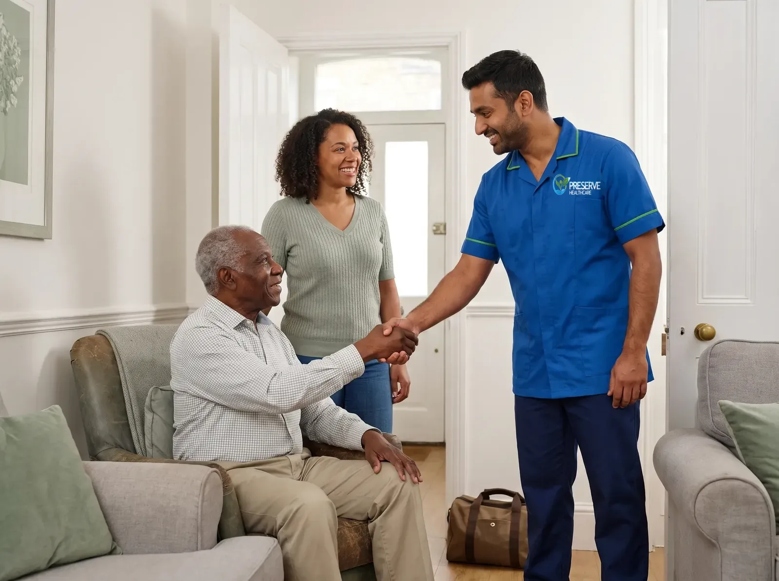 Live-in carer being introduced to an elderly man and his daughter before live-in care begins
