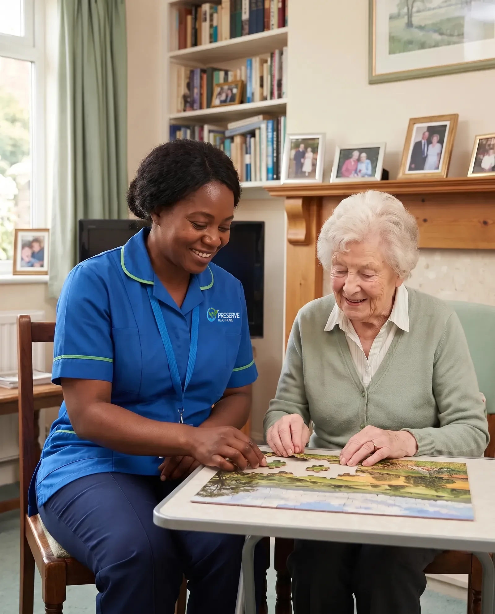 Live-in carer doing a jigsaw puzzle with an elderly woman living with dementia at home