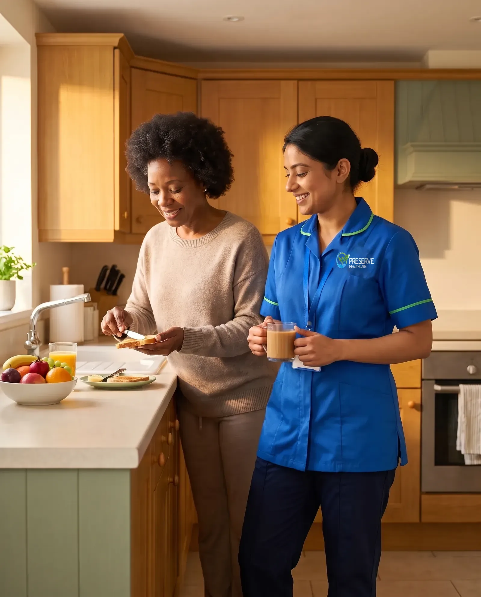 Carer and a woman making breakfast together to build a steady morning routine at home