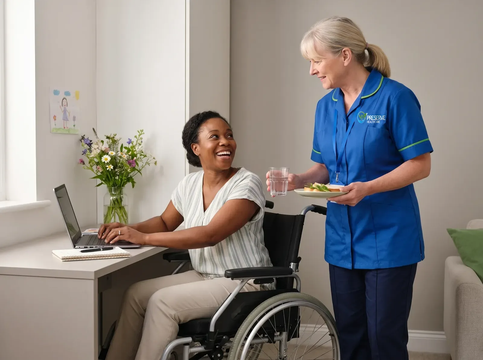 Woman living with MS working from home while a carer brings her lunch and a drink