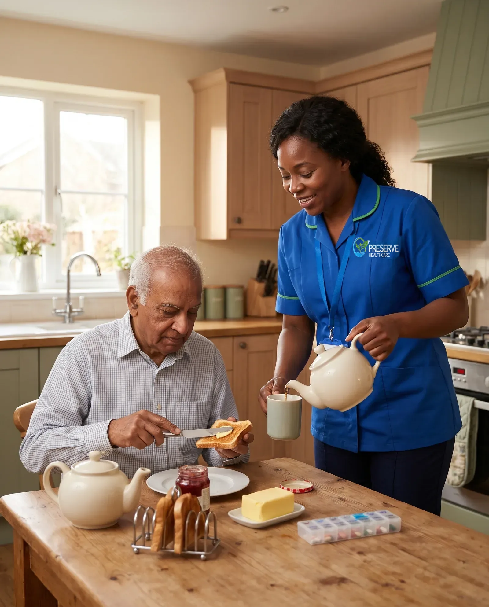 Older man living with Parkinson's eating breakfast independently with a carer beside him at home