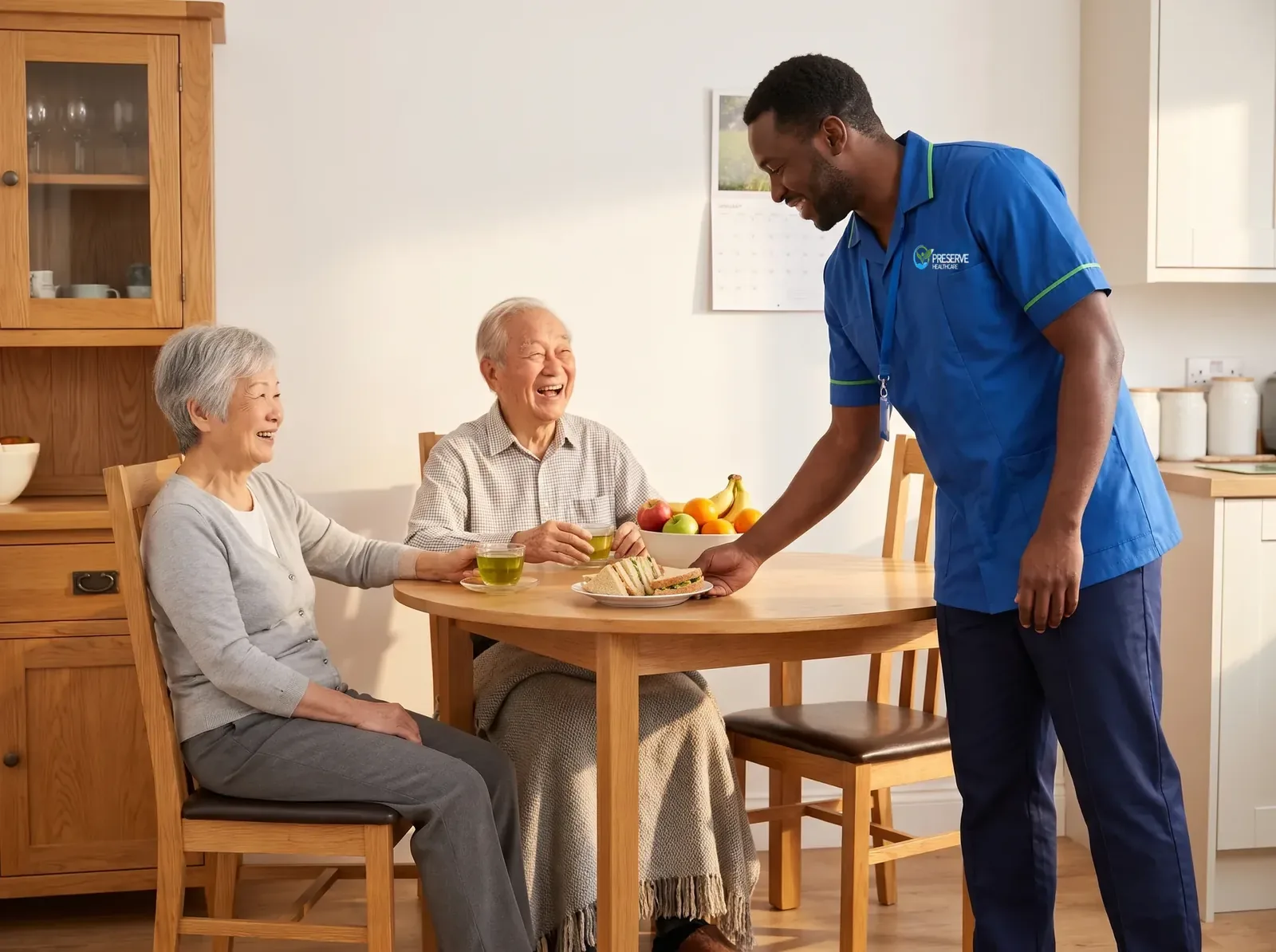 Carer serving lunch to an older couple at home, giving the wife a break from caring for her husband