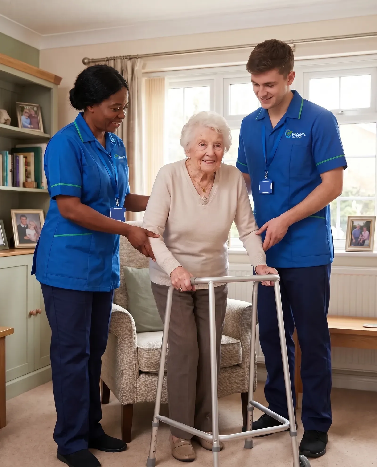 Experienced carer showing a new carer how to support an elderly woman to stand safely at home