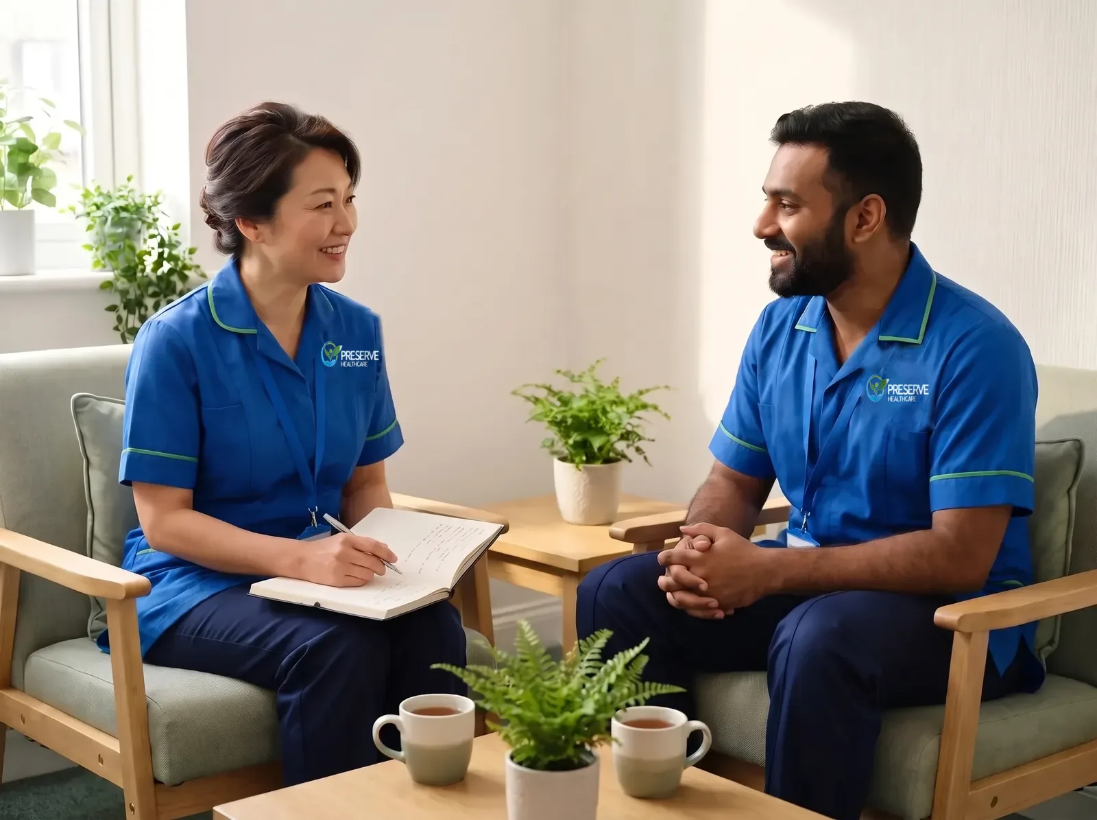 Care coordinator holding a supportive one to one supervision meeting with a carer at Preserve Healthcare