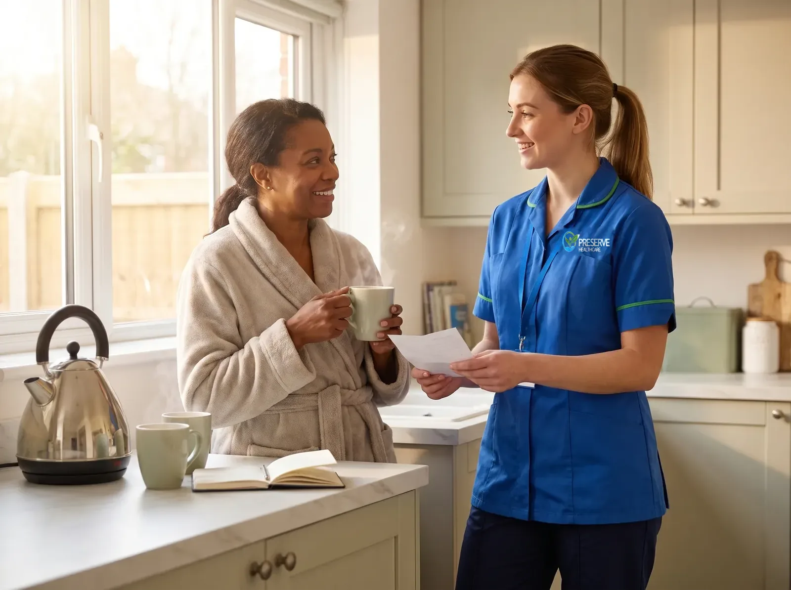 Night carer giving a morning handover to a family member in the kitchen after overnight care