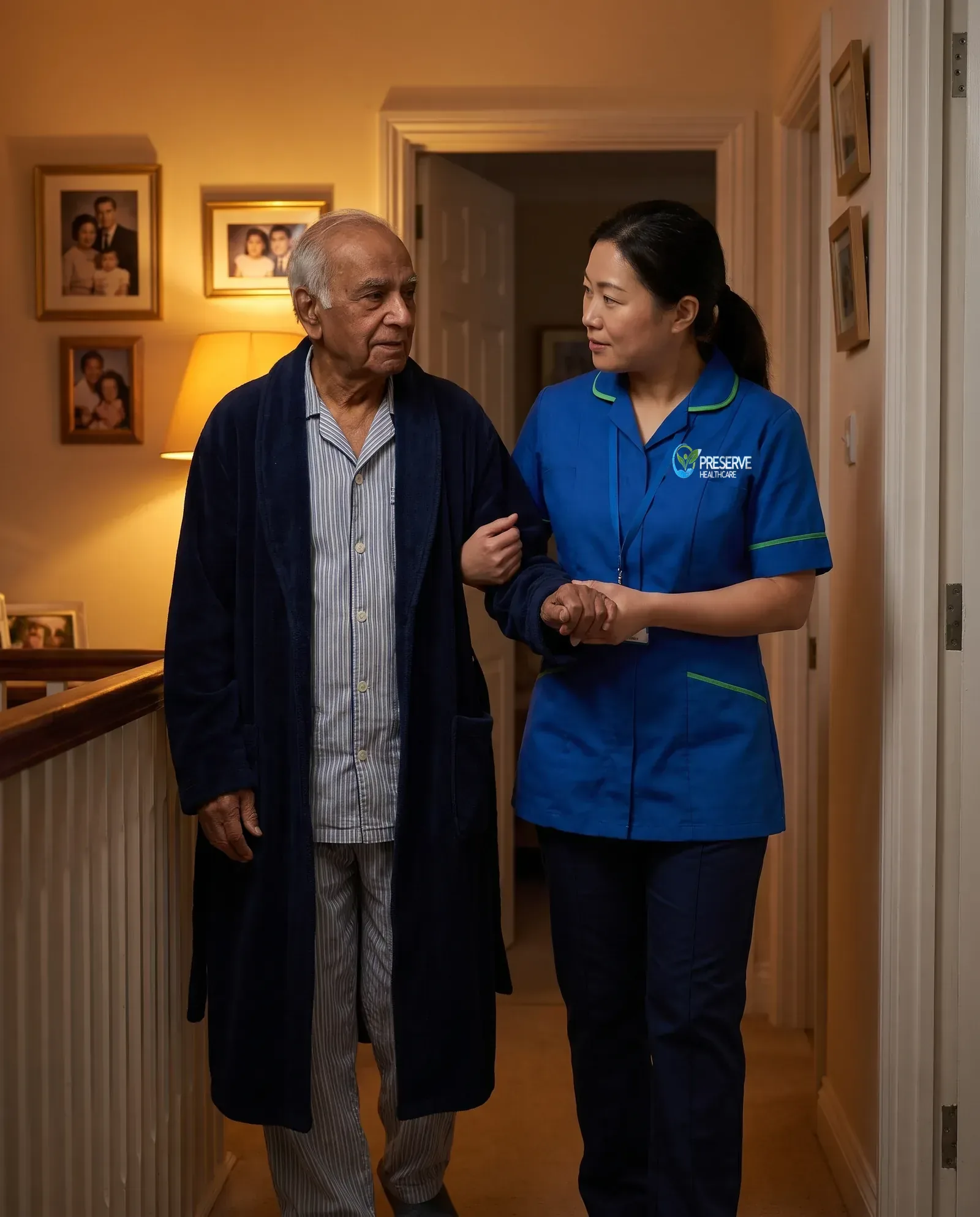Waking night carer supporting an elderly man walking safely back to bed during the night