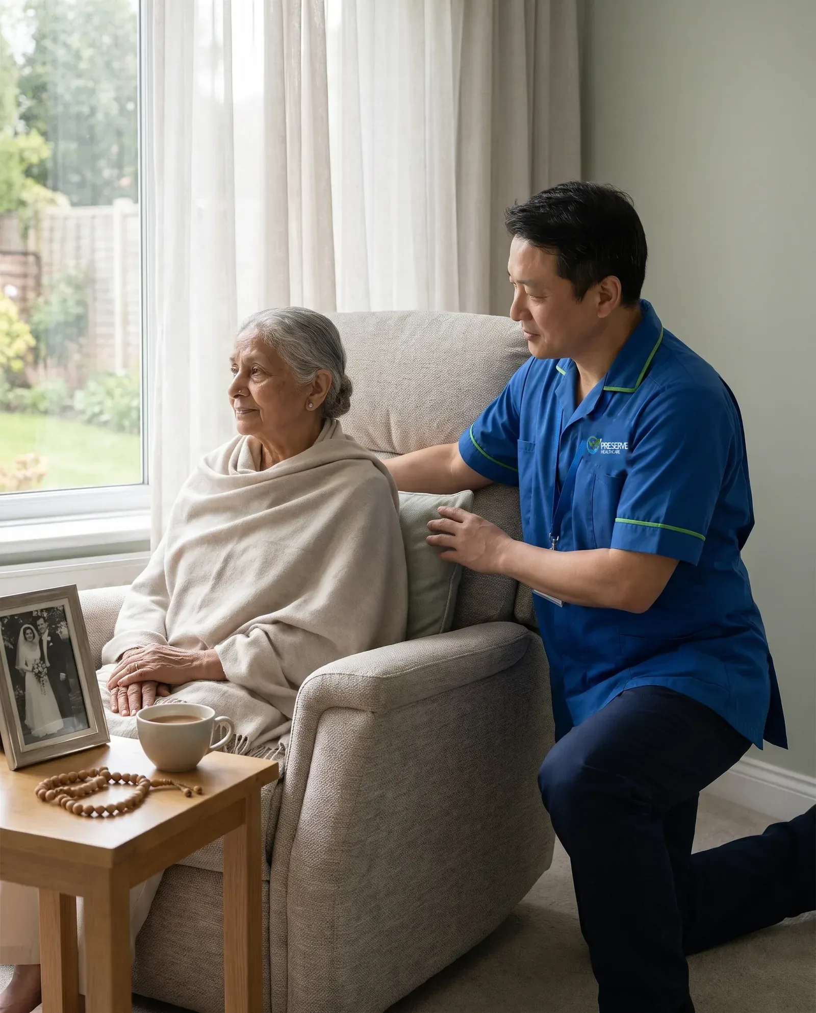 Carer gently making an elderly woman comfortable in her armchair beside her personal belongings