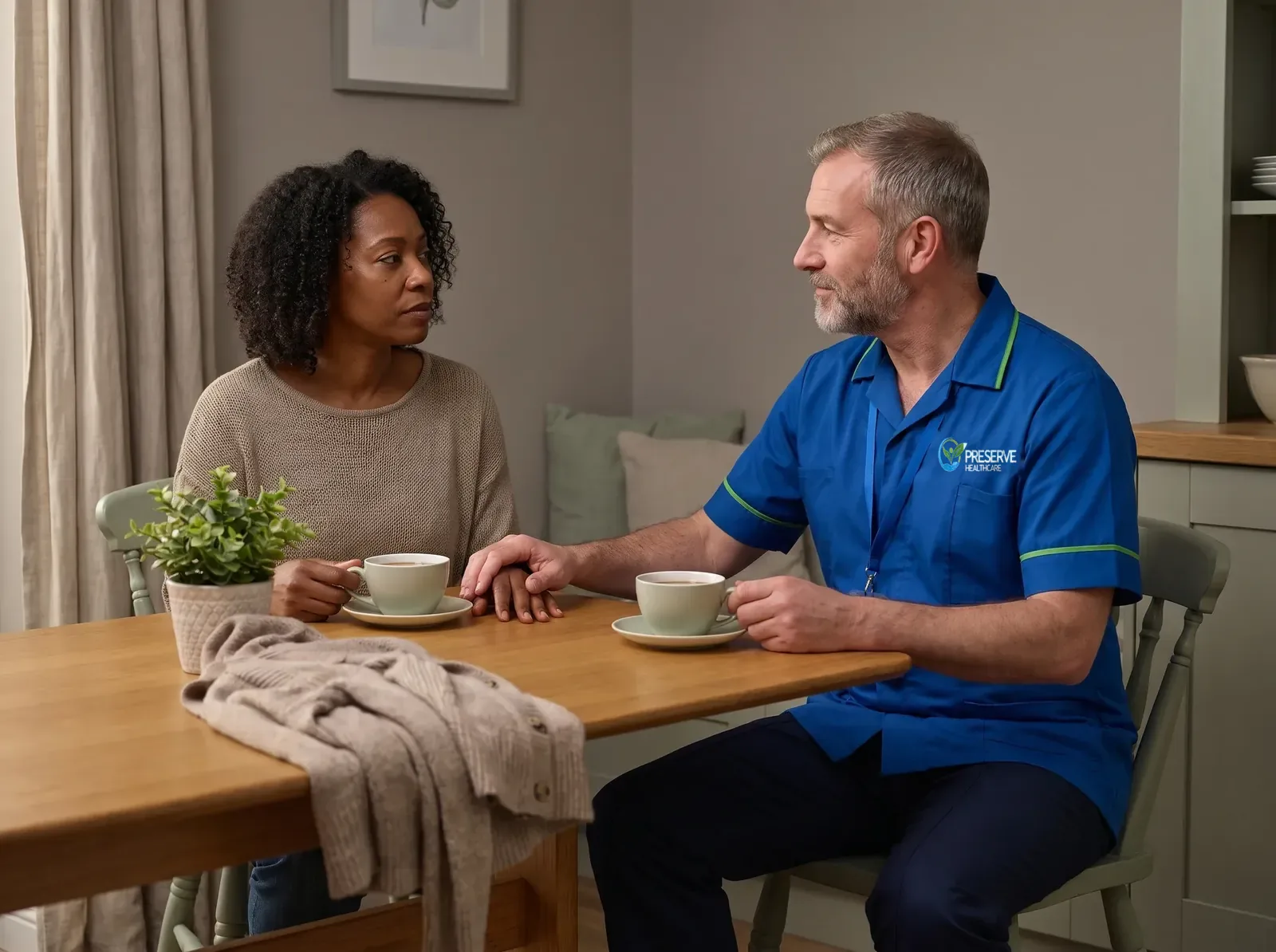Carer listening to a daughter over a cup of tea while supporting her family through palliative care