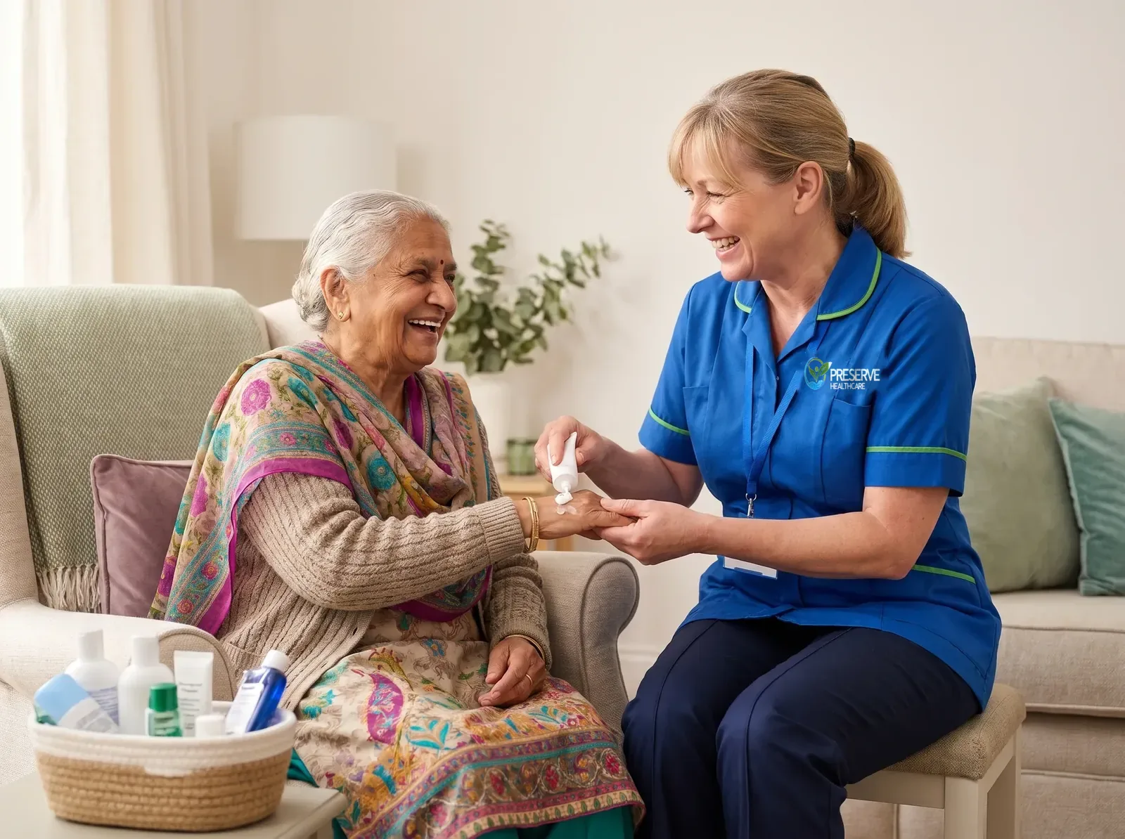 Carer applying hand cream for an elderly woman in a personal care routine that respects her preferences