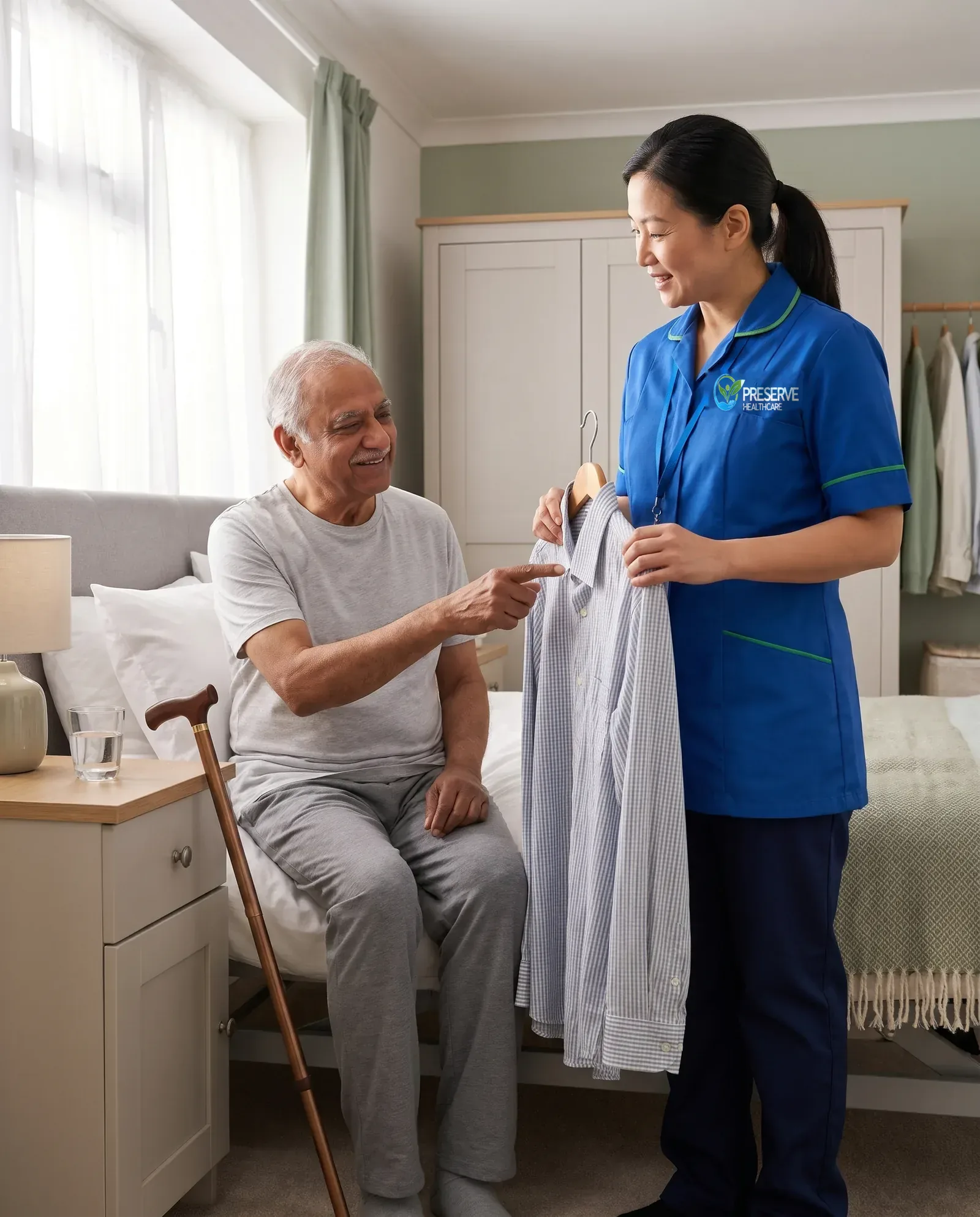 Carer offering a choice of shirts to an older man getting ready for the day in his bedroom
