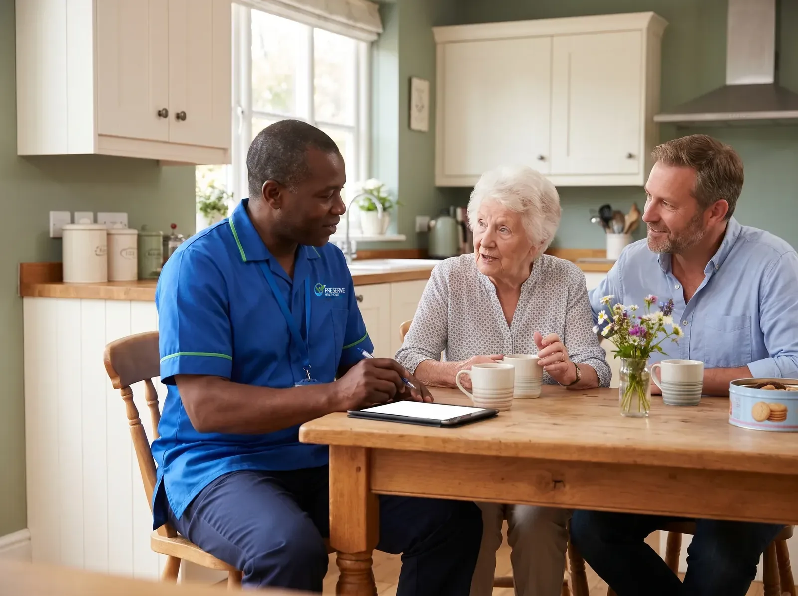 Senior carer listening to feedback from an elderly woman and her son during a home care review