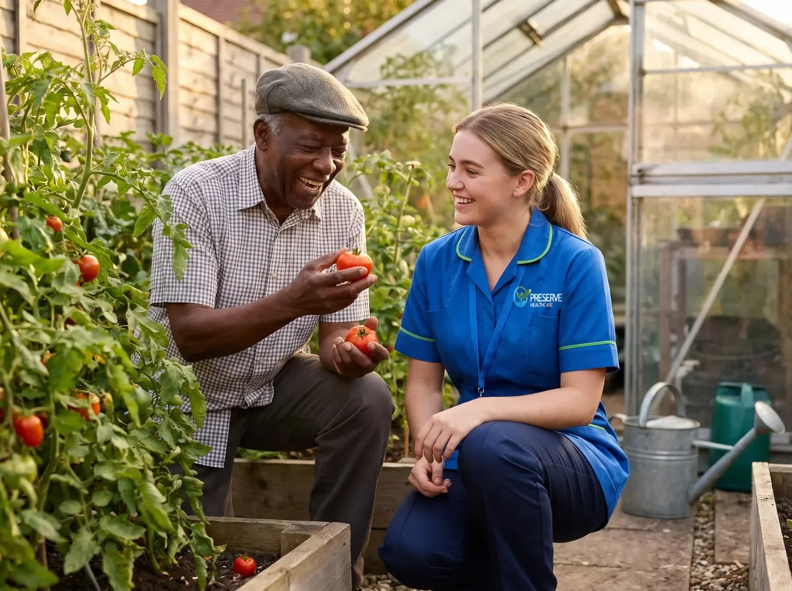 Respite carer gardening with an elderly man at his home so his daily routine carries on as normal