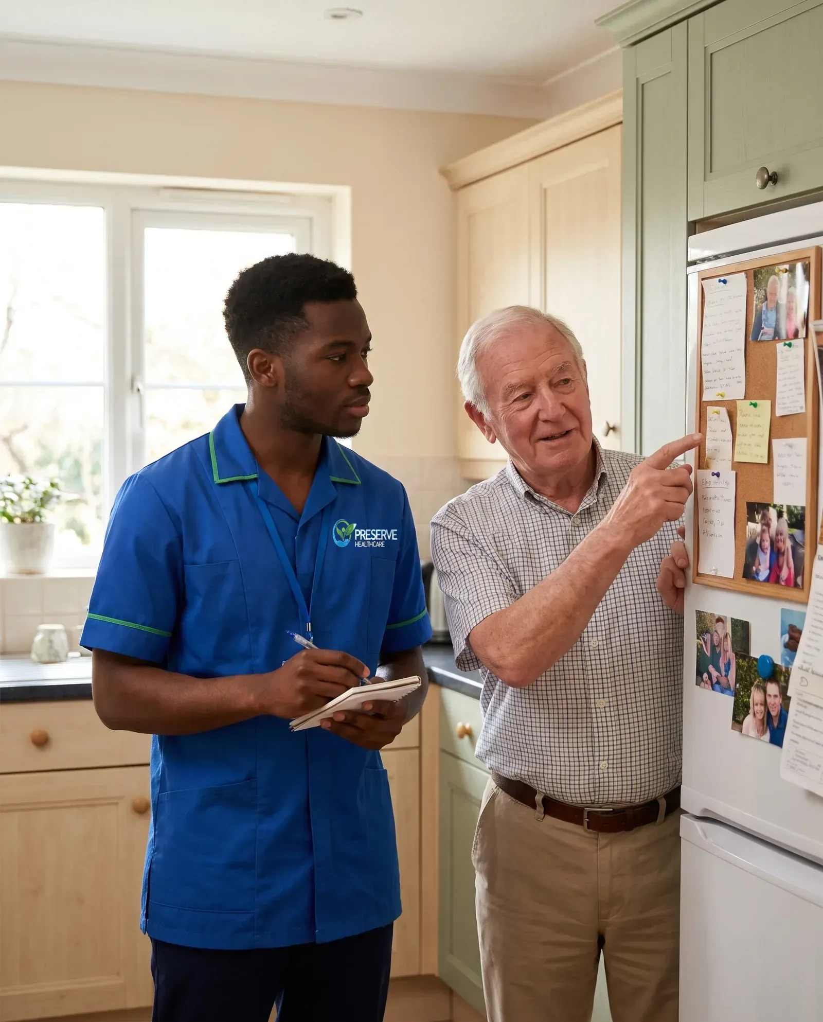 Respite carer taking notes as a husband explains his wife's daily routine before a planned break