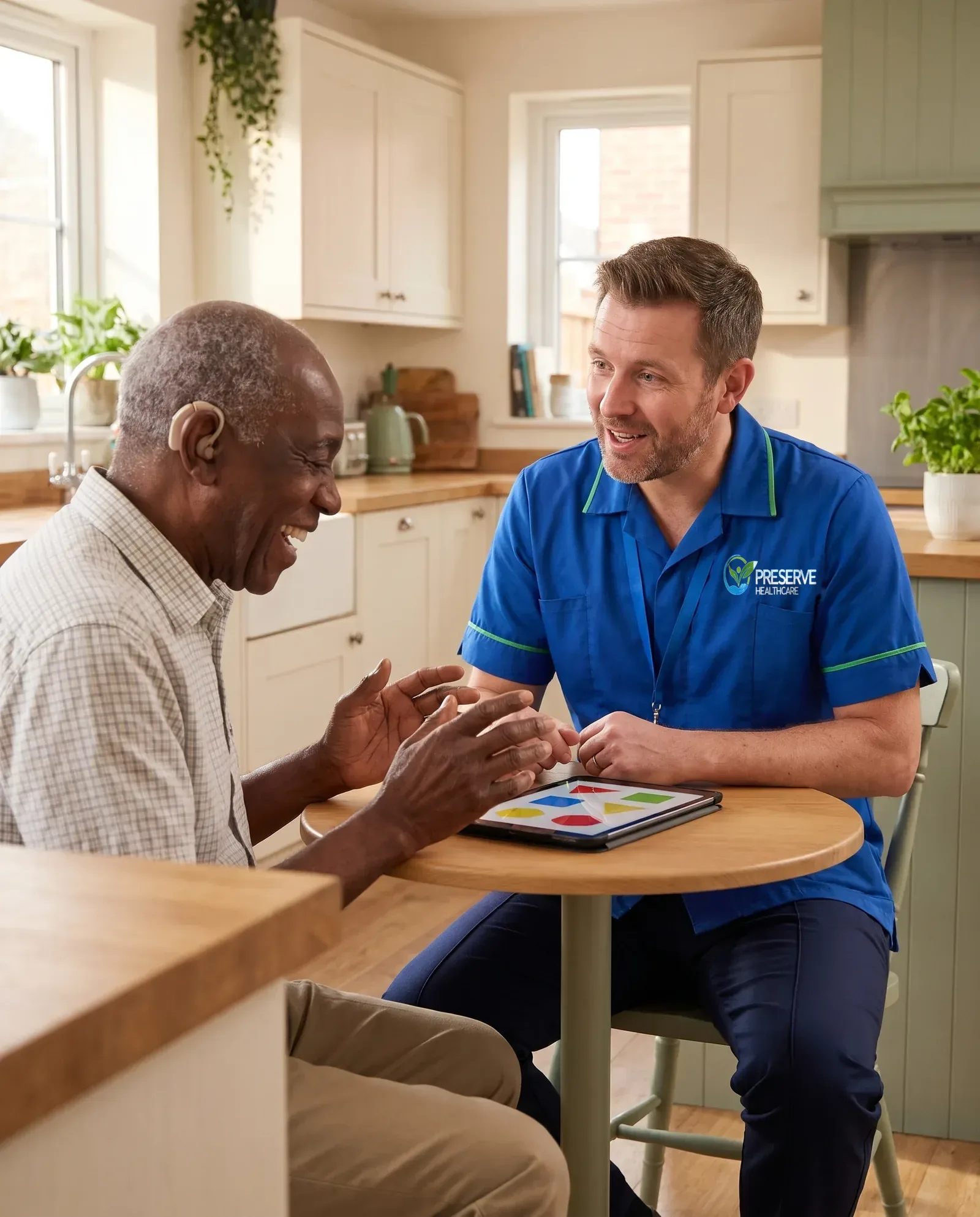 Carer facing an older man with a hearing aid and talking clearly with him at the kitchen table