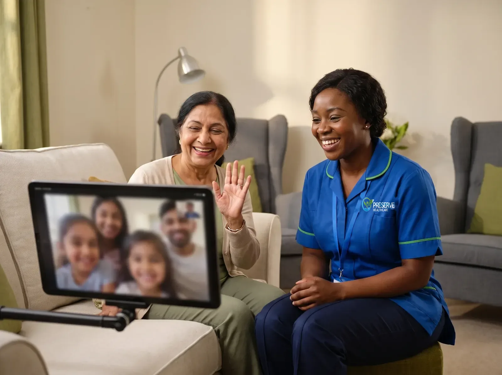 Older woman with sight loss enjoying a video call with family after a carer helped her set it up