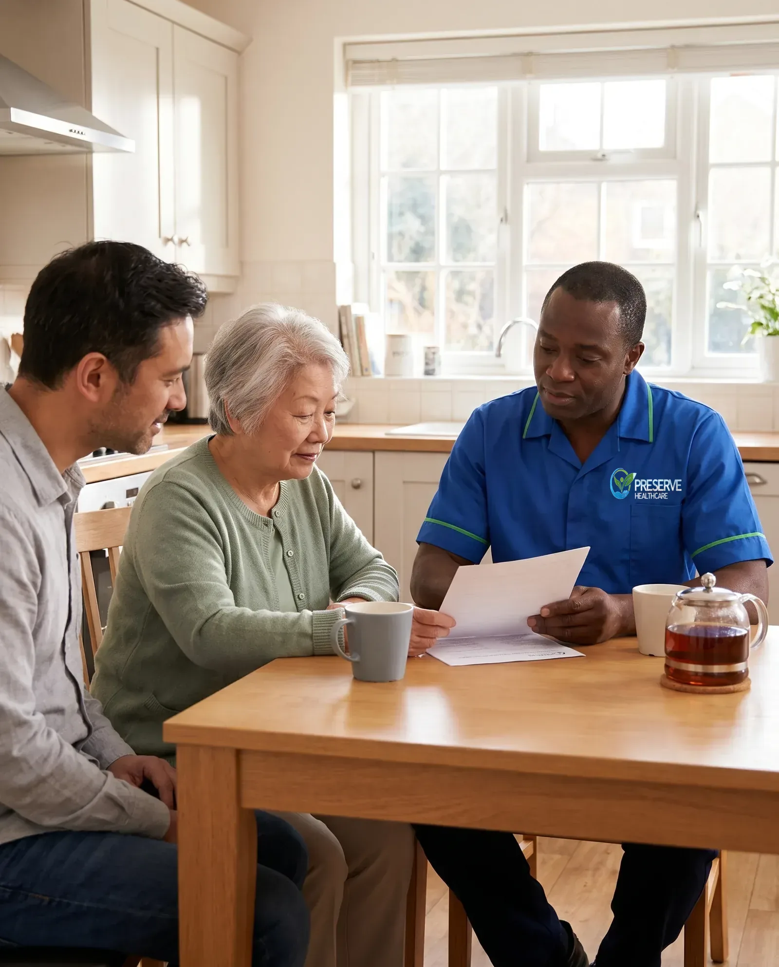 Carer going through a short-notice care plan with an elderly woman and her son at their kitchen table