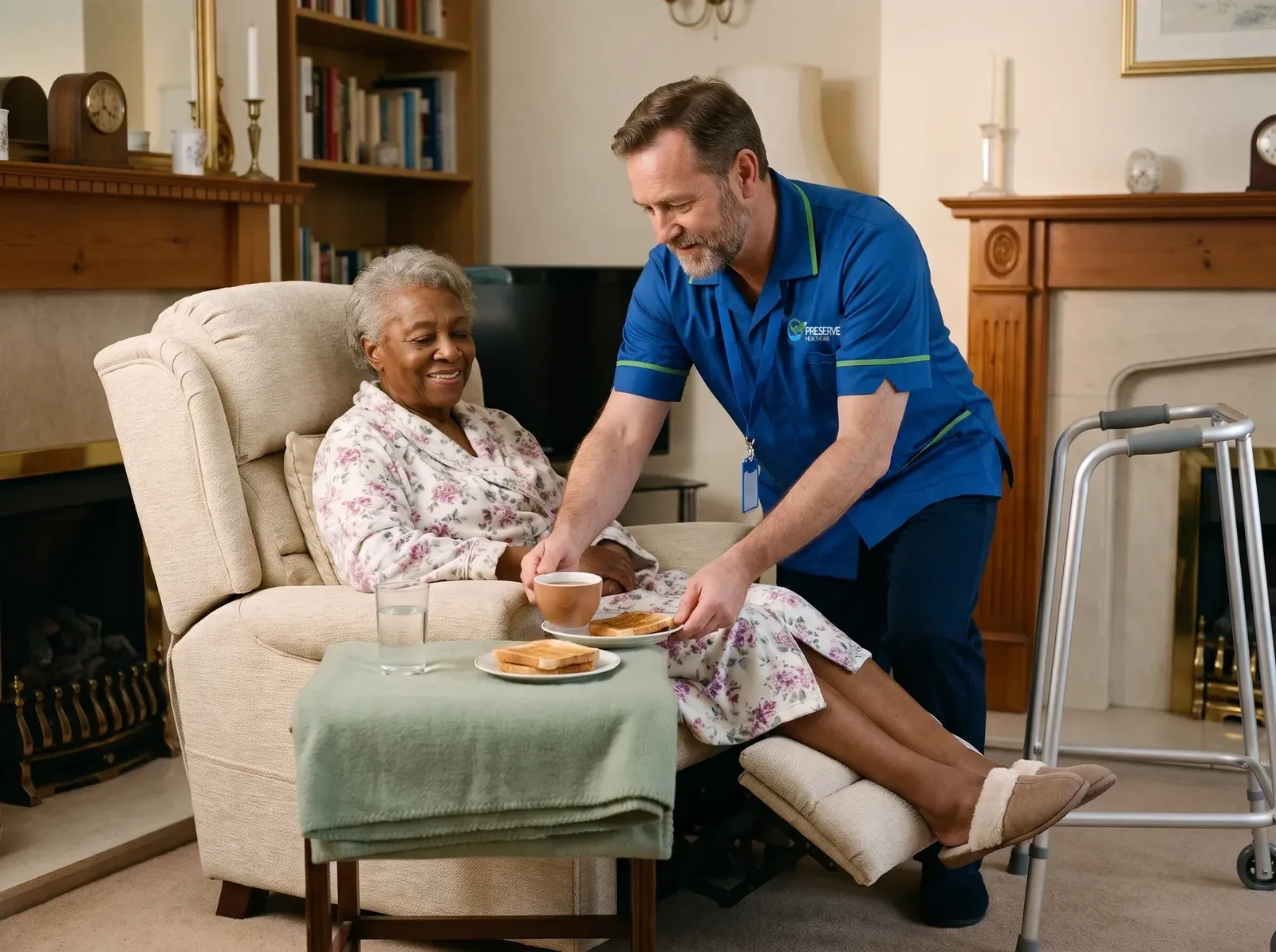 Carer bringing tea and toast to an elderly woman settling back in at home after a hospital stay