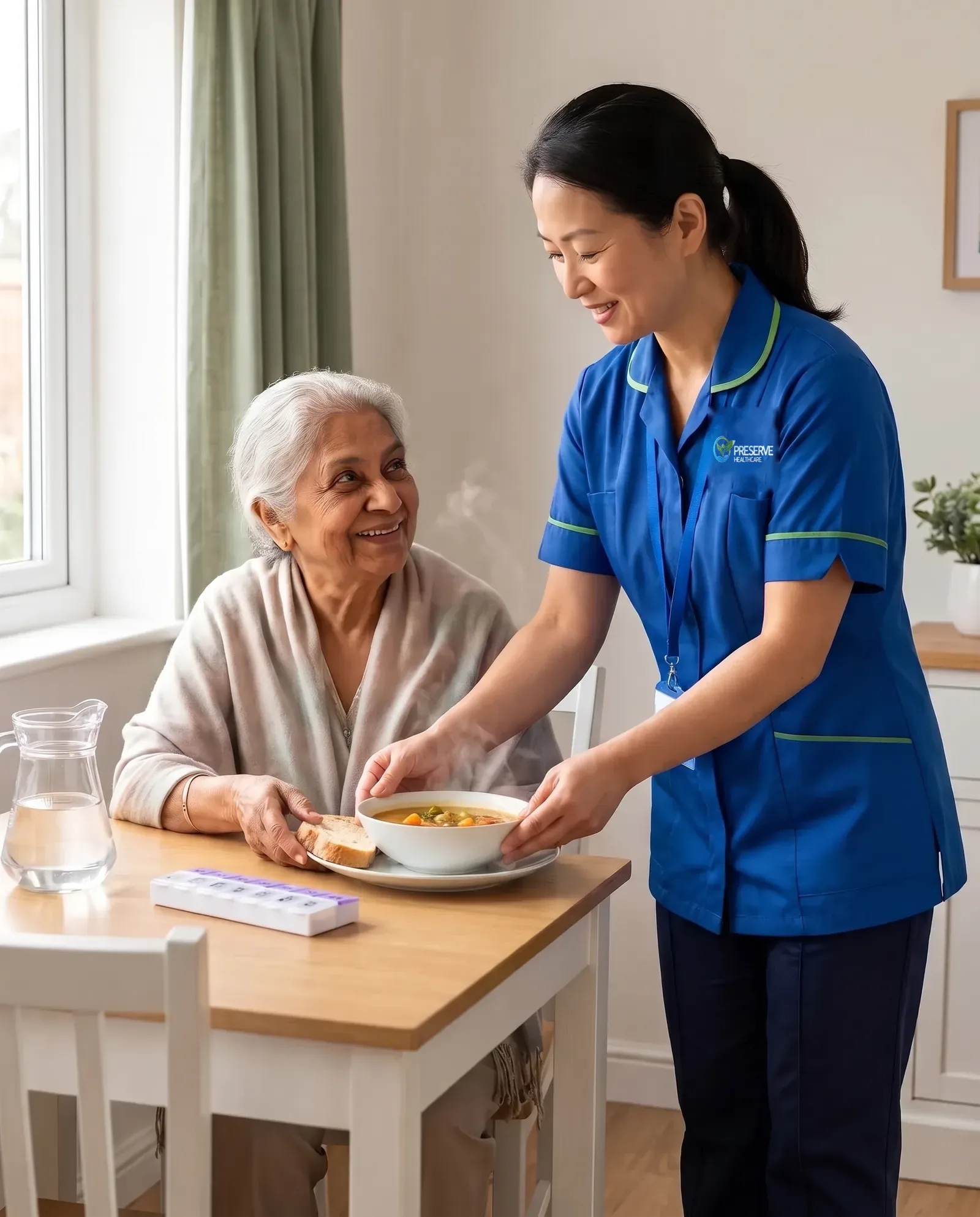 Carer serving a hot lunch to an elderly woman during a lunchtime visiting care call at home