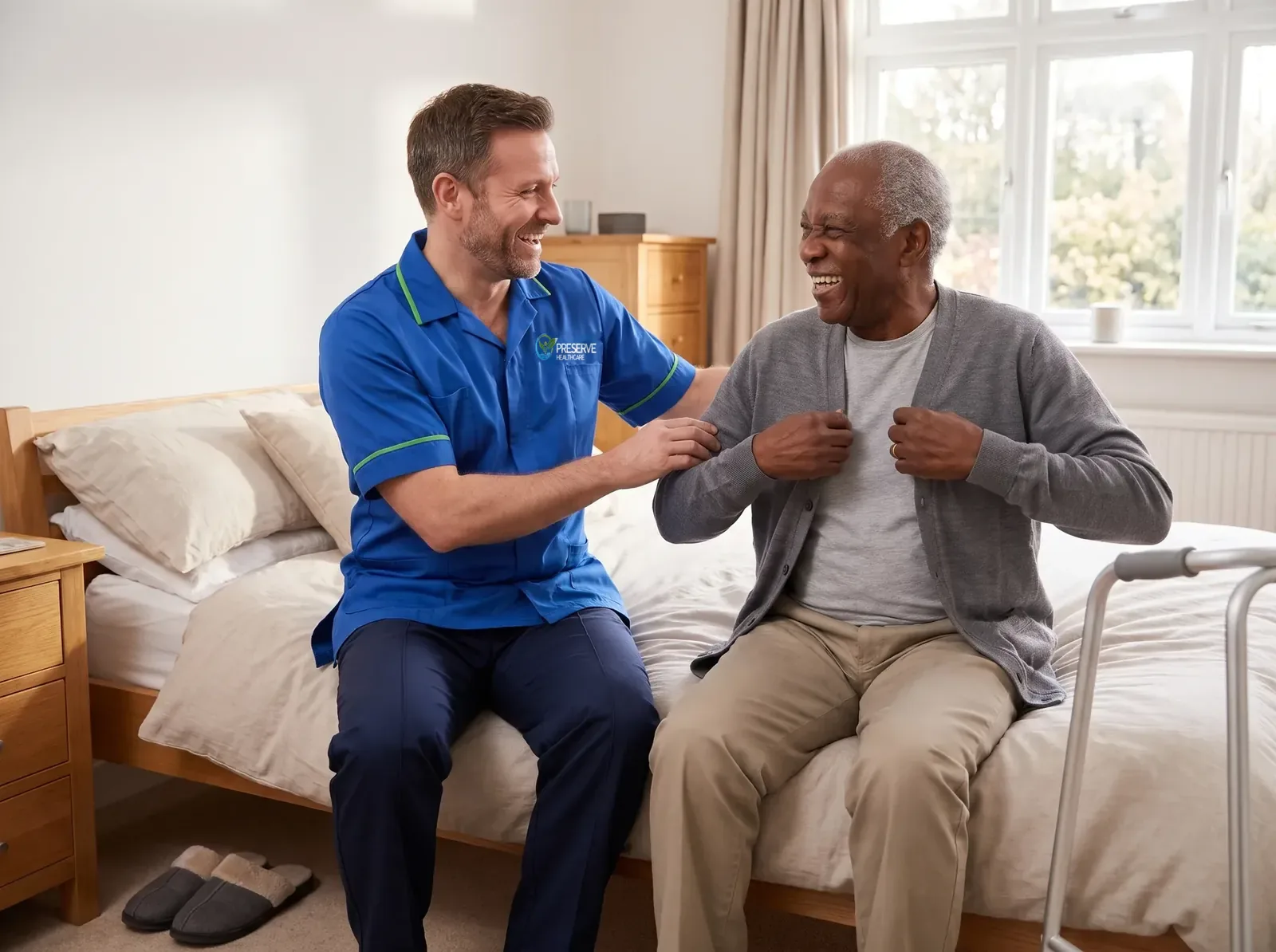 Carer helping an elderly man get dressed in his morning routine during a visiting care call