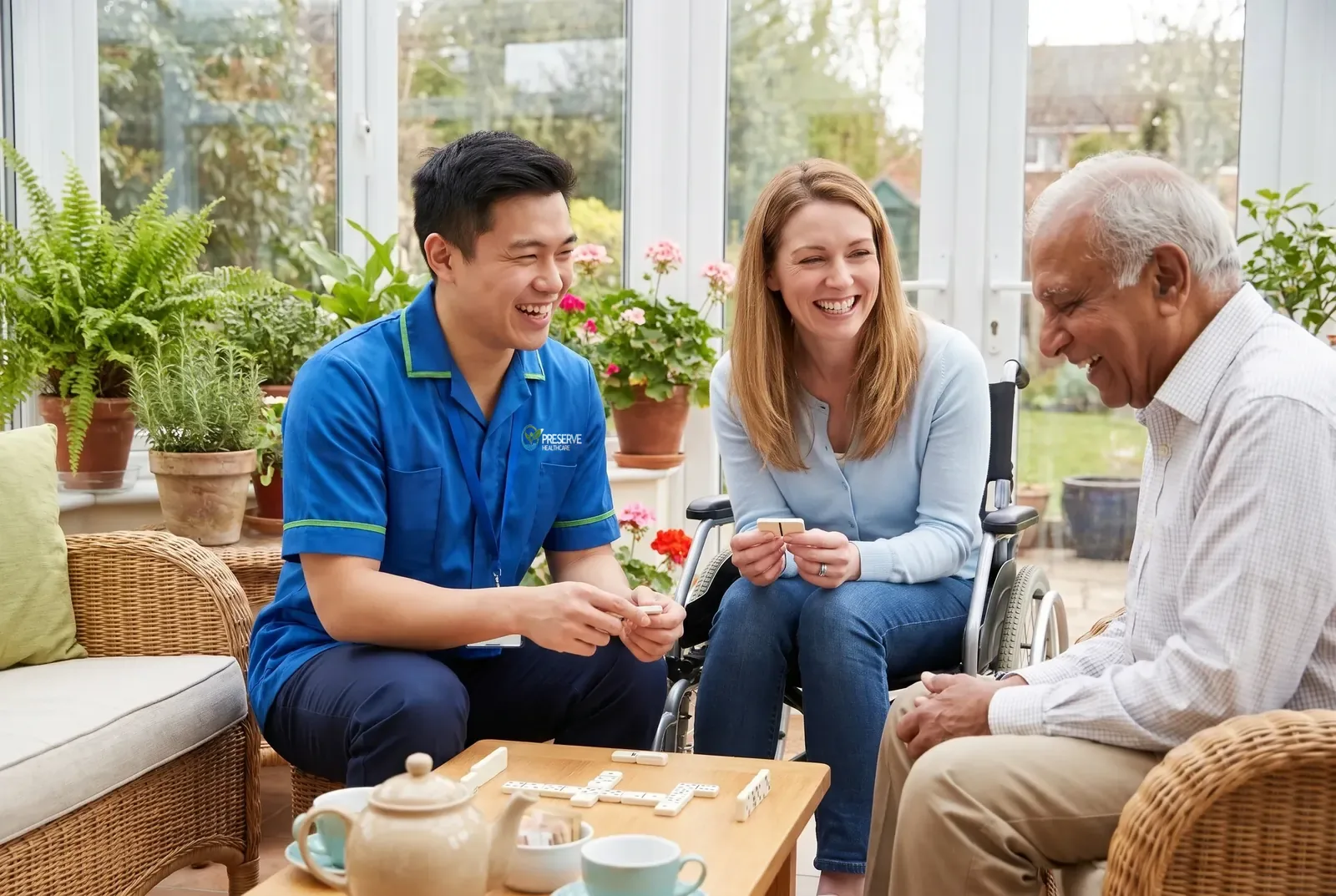 Carer sharing a game of dominoes with a woman who uses a wheelchair and an older man at home in Coventry