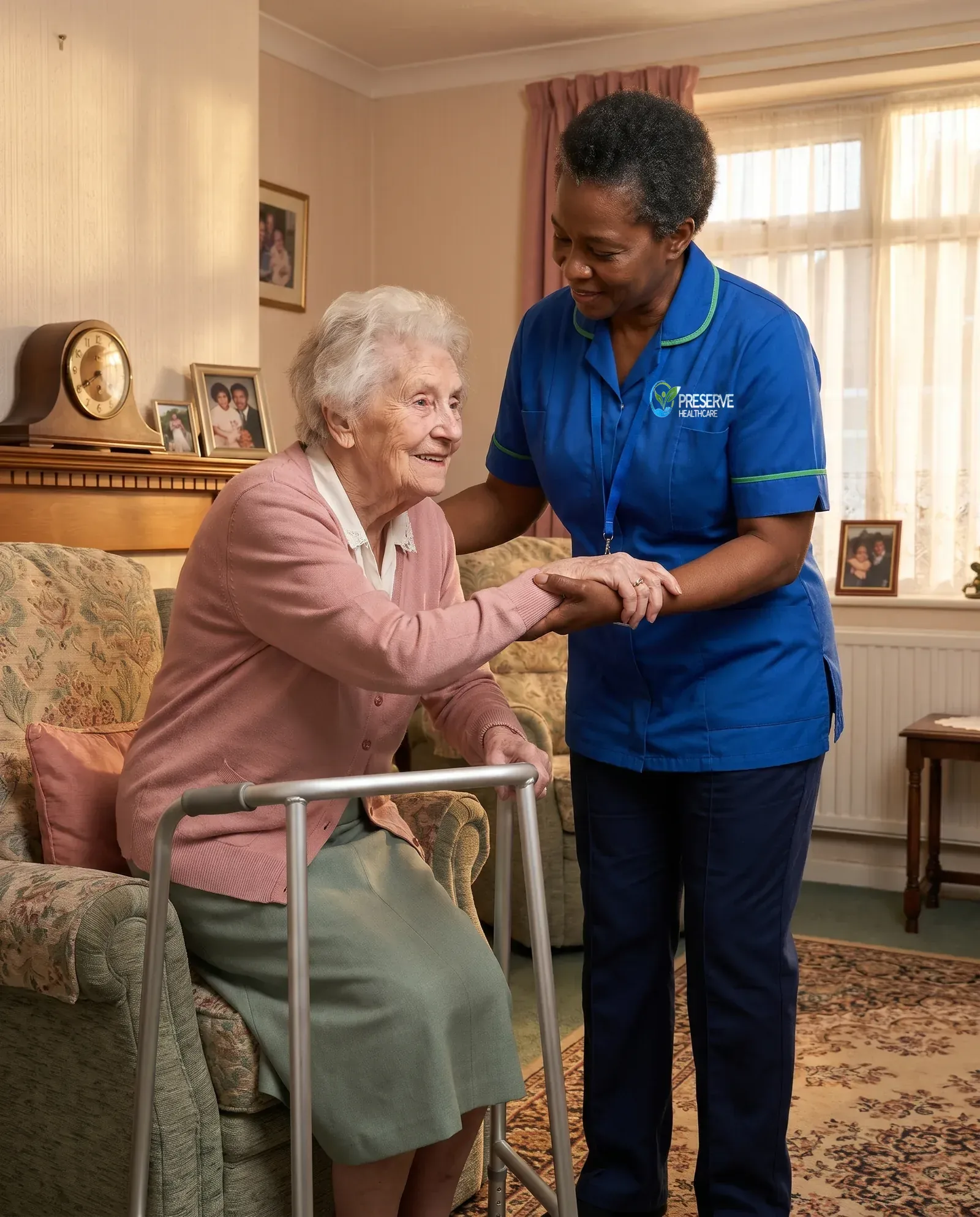Carer helping a frail older woman stand from her armchair with her walking frame at home